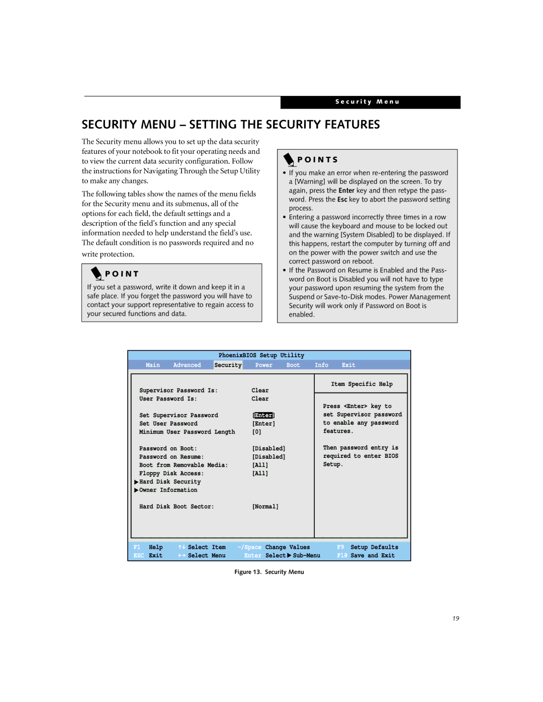 Fujitsu P-2046 manual Security Menu Setting the Security Features, Power Boot 