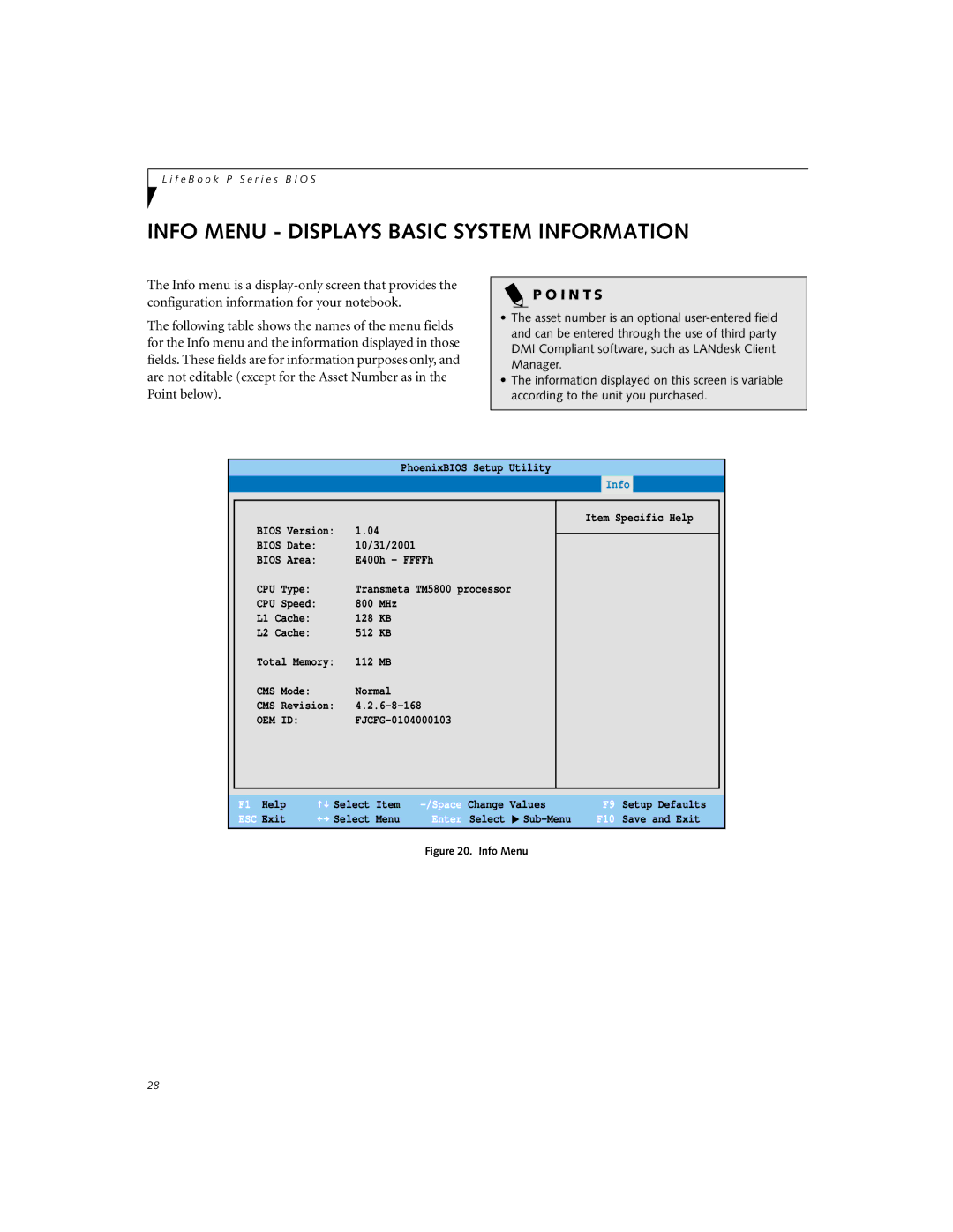 Fujitsu P-2046 manual Info Menu Displays Basic System Information, I N T S 