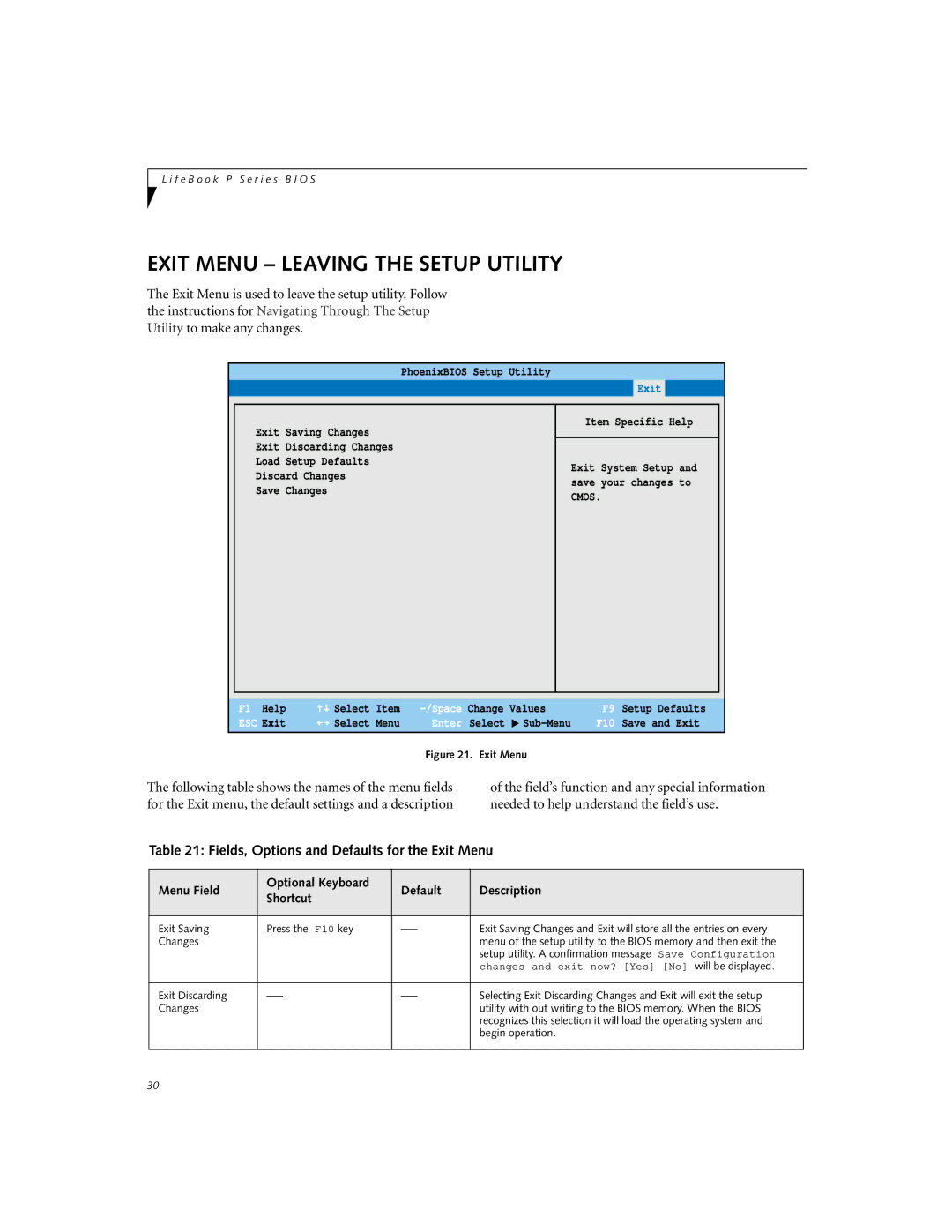 Fujitsu P-2046 manual Exit Menu Leaving the Setup Utility, Fields, Options and Defaults for the Exit Menu 