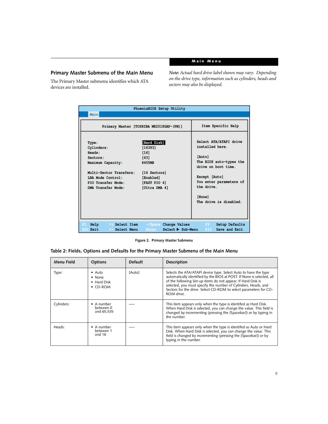 Fujitsu P-2046 manual Primary Master Submenu of the Main Menu, Exit 