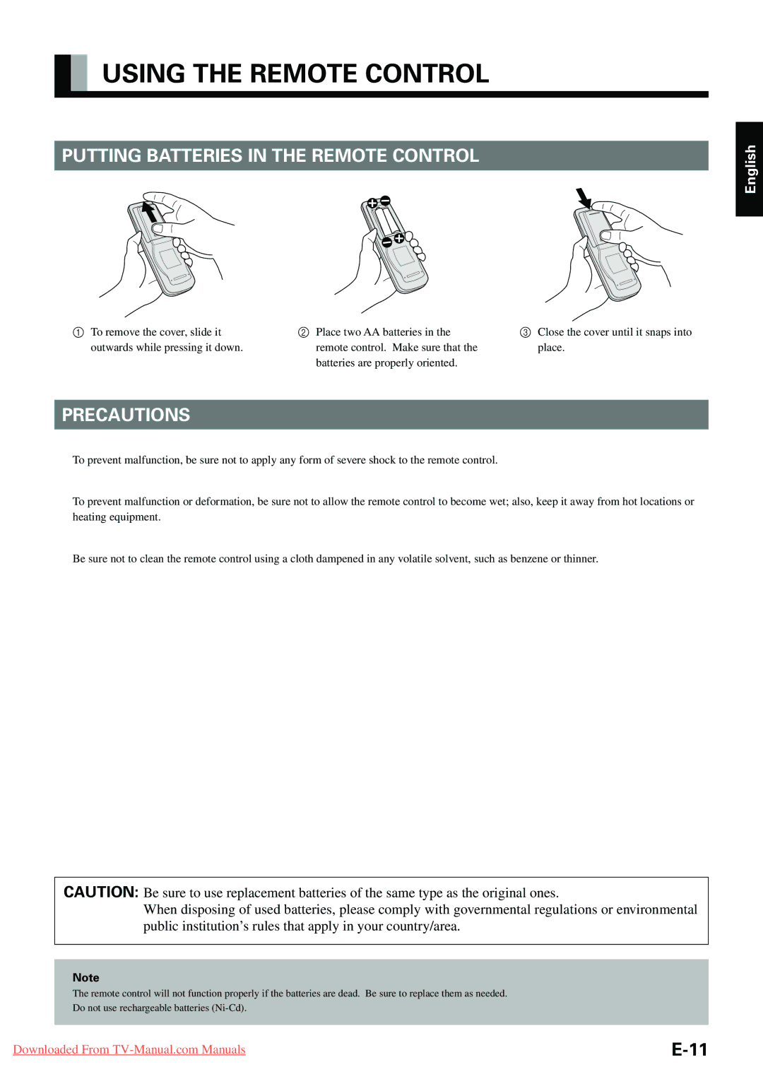 Fujitsu P-TE1010E, P-TE1000E, P42HHA10E Using the Remote Control, Putting Batteries in the Remote Control, Precautions 