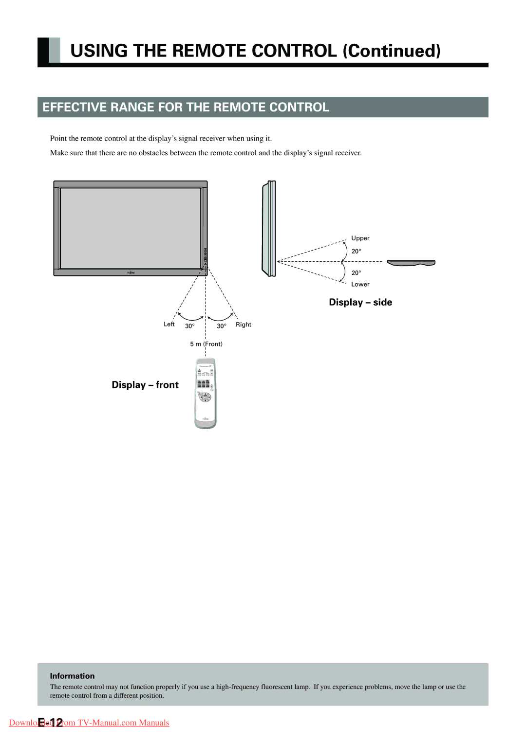 Fujitsu P42HHA10E, P-TE1000E, P-TE1010E, P42VHA20E Effective Range for the Remote Control, Display side, Display front 