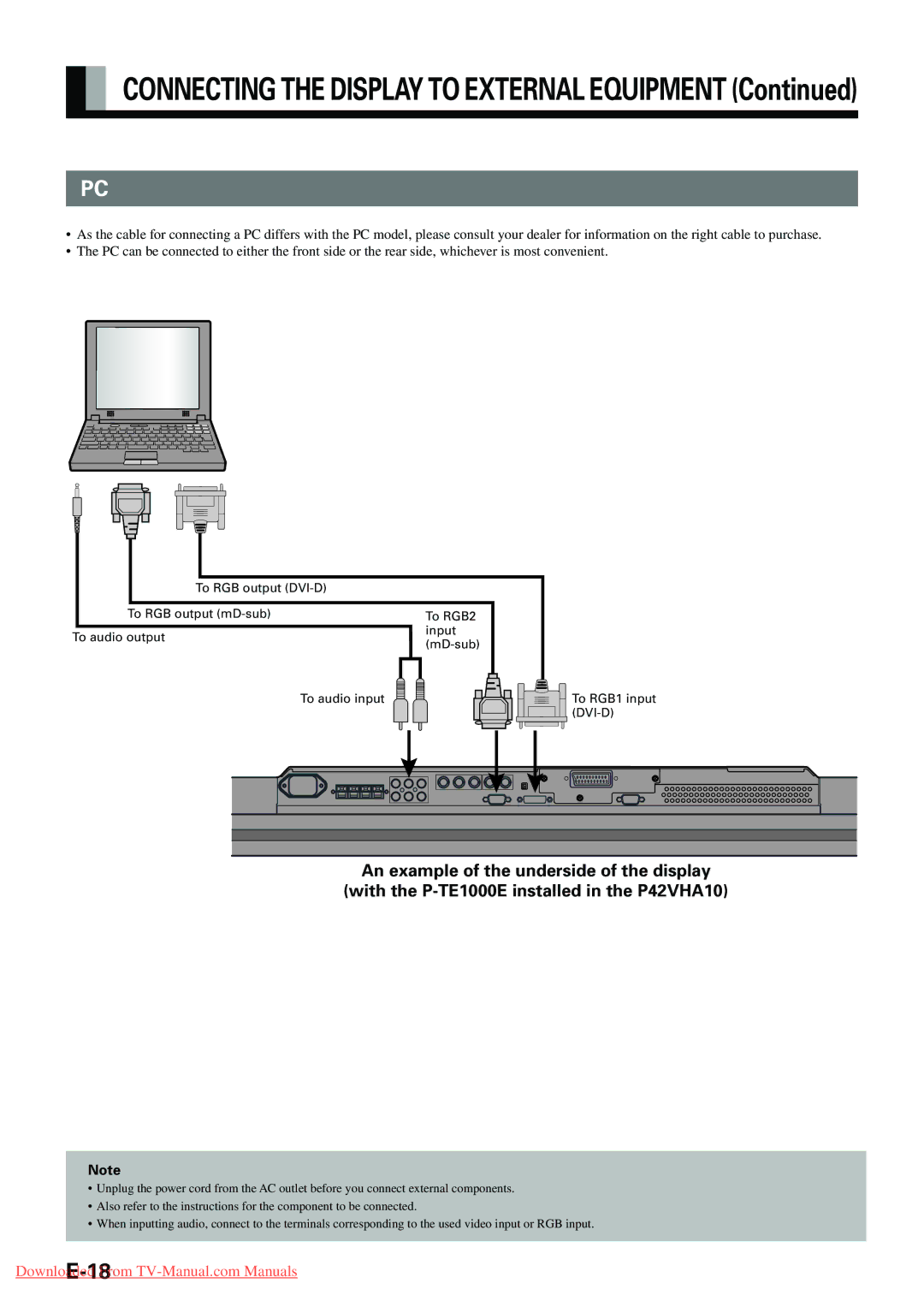 Fujitsu P42VHA20E, P-TE1000E, P-TE1010E, P42HHA10E, P42VHA10E user manual Connecting the Display to External Equipment 