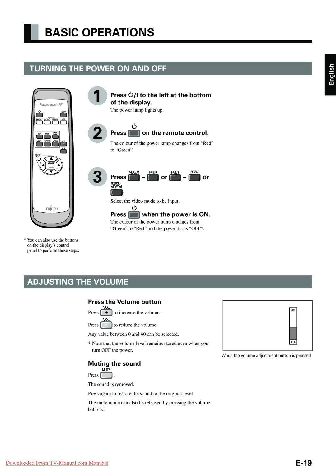 Fujitsu P42VHA10E, P-TE1000E, P-TE1010E, P42HHA10E Basic Operations, Turning the Power on and OFF, Adjusting the Volume 