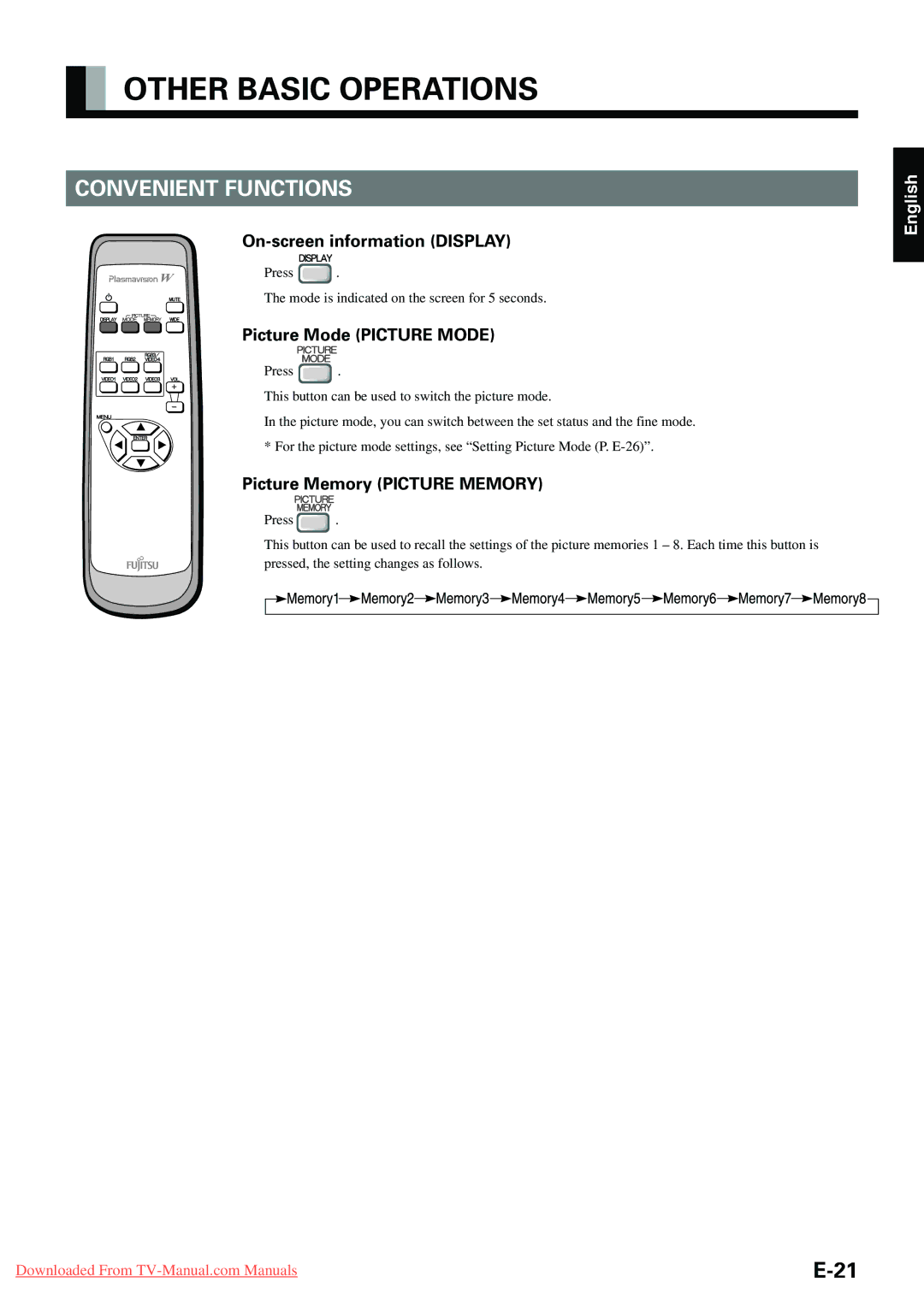 Fujitsu P-TE1010E Other Basic Operations, Convenient Functions, On-screen information Display, Picture Mode Picture Mode 