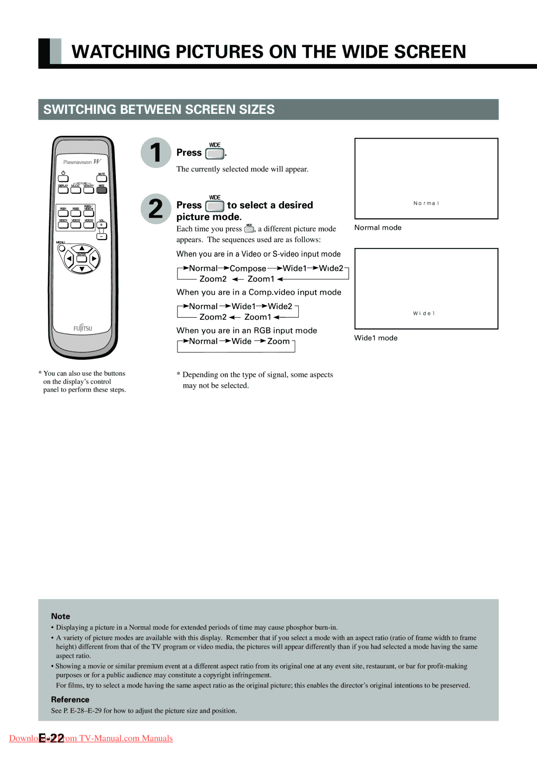 Fujitsu P42HHA10E Watching Pictures on the Wide Screen, Switching Between Screen Sizes, Press, Normal mode Wide1 mode 