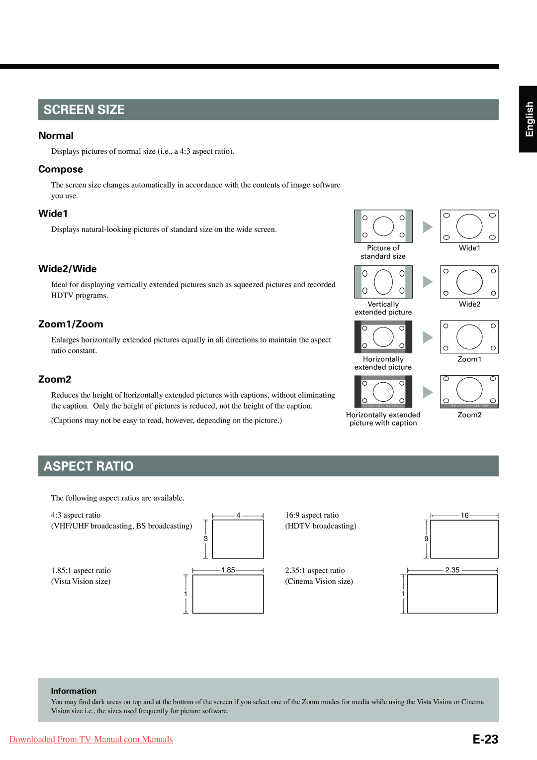 Fujitsu P42VHA20E, P-TE1000E, P-TE1010E, P42HHA10E, P42VHA10E user manual Screen Size, Aspect Ratio 