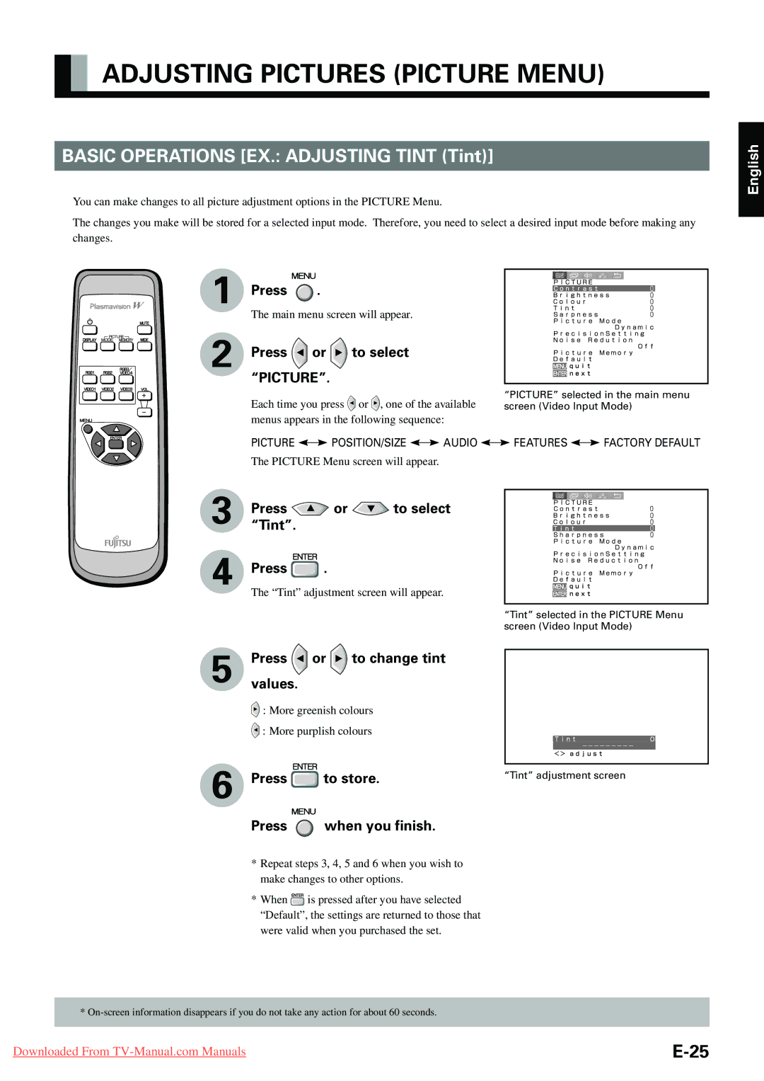 Fujitsu P-TE1000E, P-TE1010E, P42HHA10E, P42VHA20E, P42VHA10E user manual Adjusting Pictures Picture Menu 