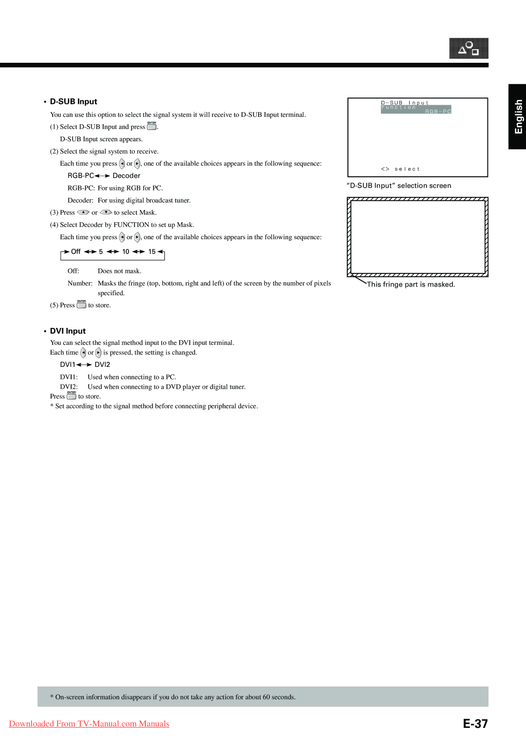 Fujitsu P42HHA10E, P-TE1000E, P-TE1010E, P42VHA20E, P42VHA10E DVI Input, RGB-PC Decoder, SUB Input selection screen 