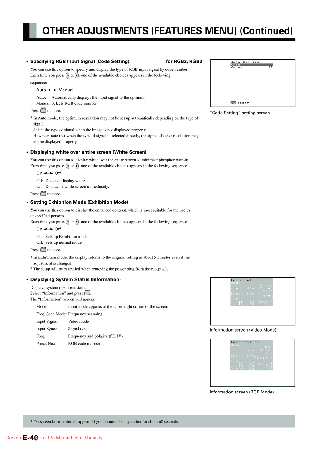 Fujitsu P-TE1000E Specifying RGB Input Signal Code Setting For RGB2, RGB3, Setting Exhibition Mode Exhibition Mode 