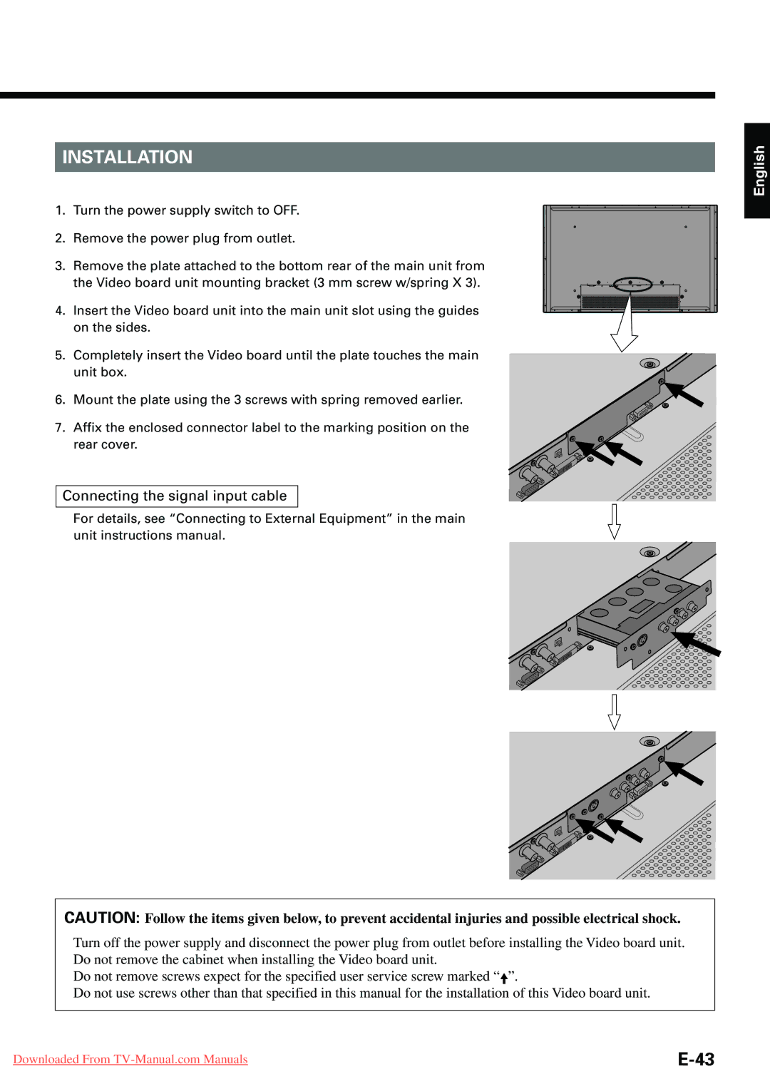 Fujitsu P42VHA20E, P-TE1000E, P-TE1010E, P42HHA10E, P42VHA10E user manual Installation, Connecting the signal input cable 