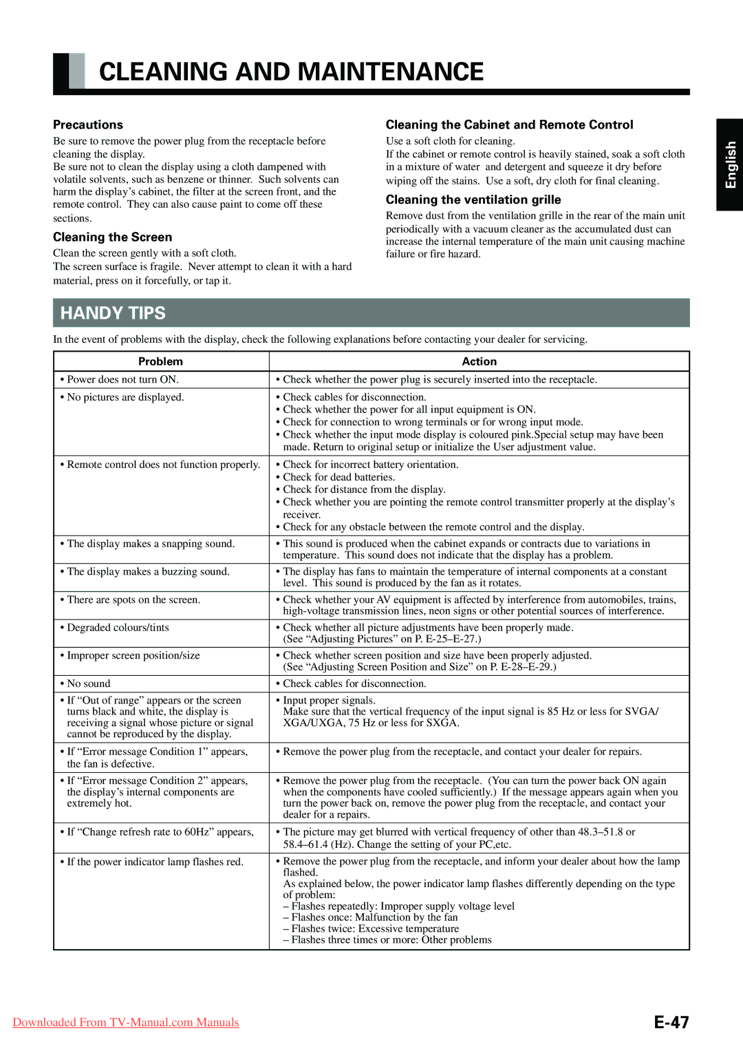 Fujitsu P42HHA10E, P-TE1000E, P-TE1010E, P42VHA20E, P42VHA10E user manual Cleaning and Maintenance, Handy Tips, Problem Action 