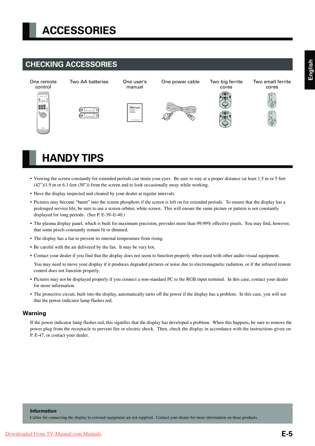 Fujitsu P-TE1000E, P-TE1010E, P42HHA10E, P42VHA20E, P42VHA10E user manual Handy Tips, Checking Accessories, Information 