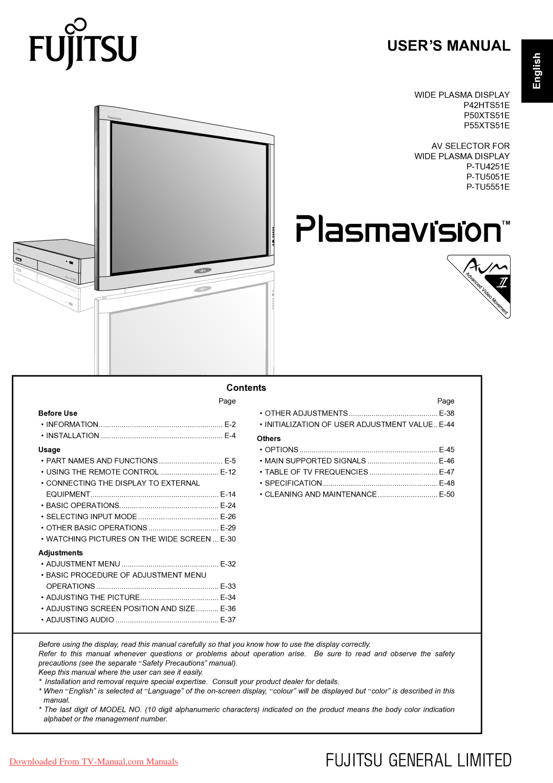 Fujitsu P42HTS51E, P-TU5051E, P-TU4251E, P-TU5551E, P55XTS51E, P50XTS51E user manual USER’S Manual 