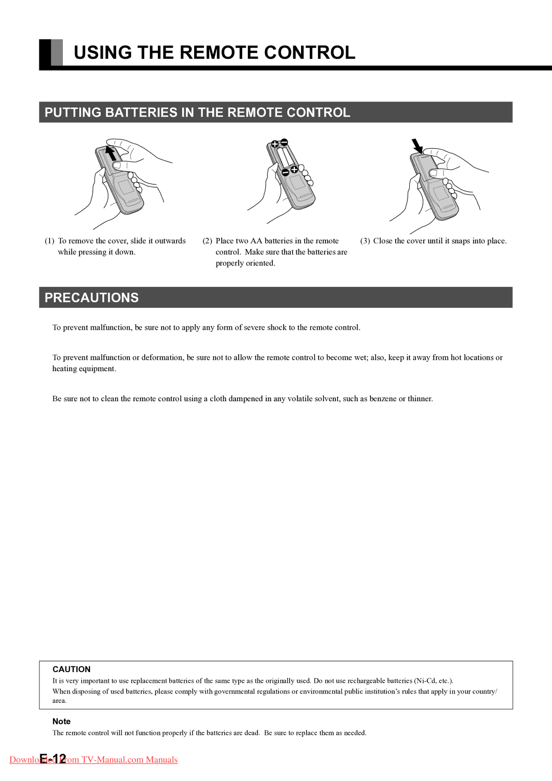 Fujitsu P-TU5051E, P42HTS51E, P-TU4251E Using the Remote Control, Putting Batteries in the Remote Control, Precautions 