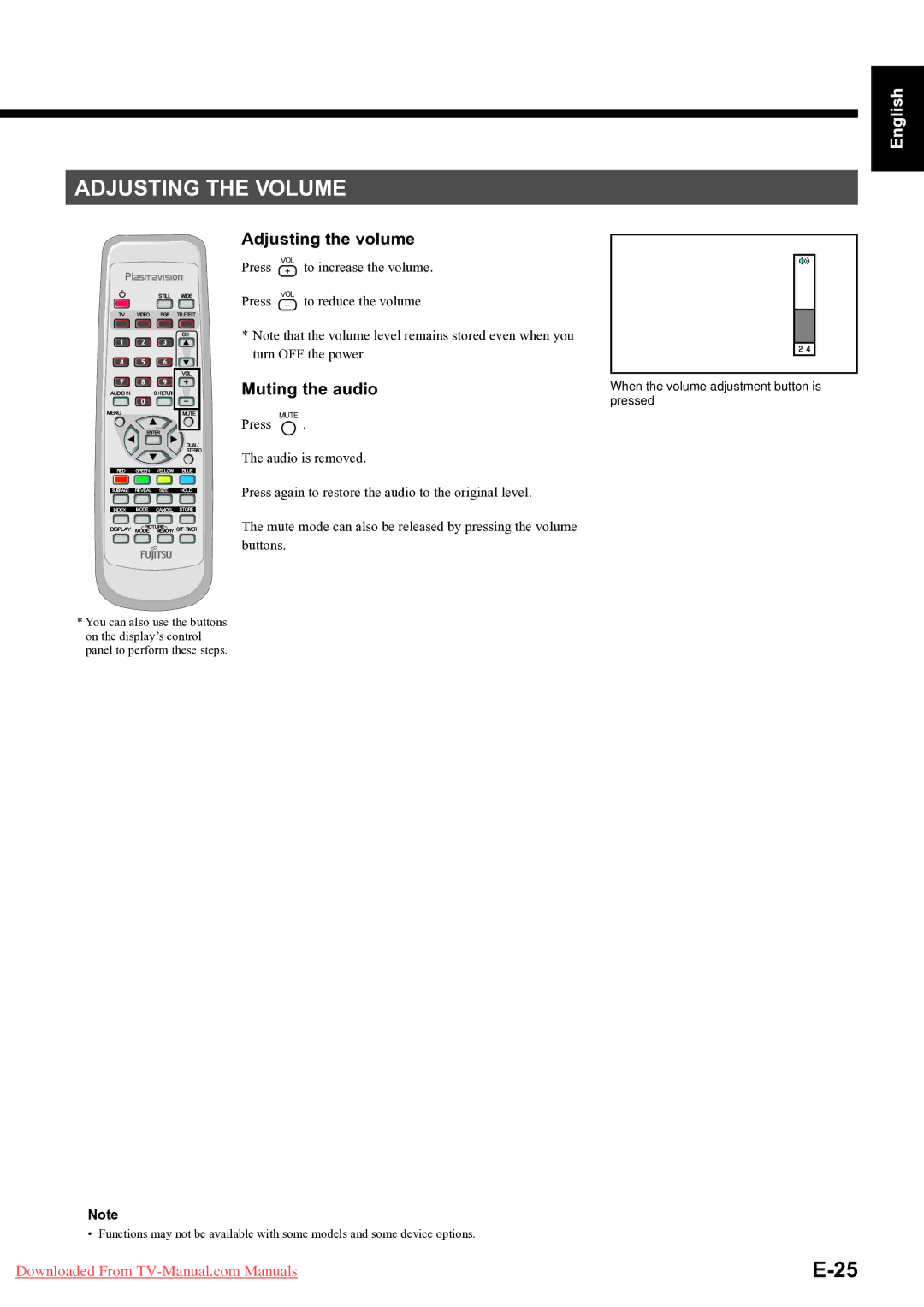 Fujitsu P42HTS51E, P-TU5051E, P-TU4251E, P-TU5551E, P55XTS51E Adjusting the Volume, Adjusting the volume, Muting the audio 