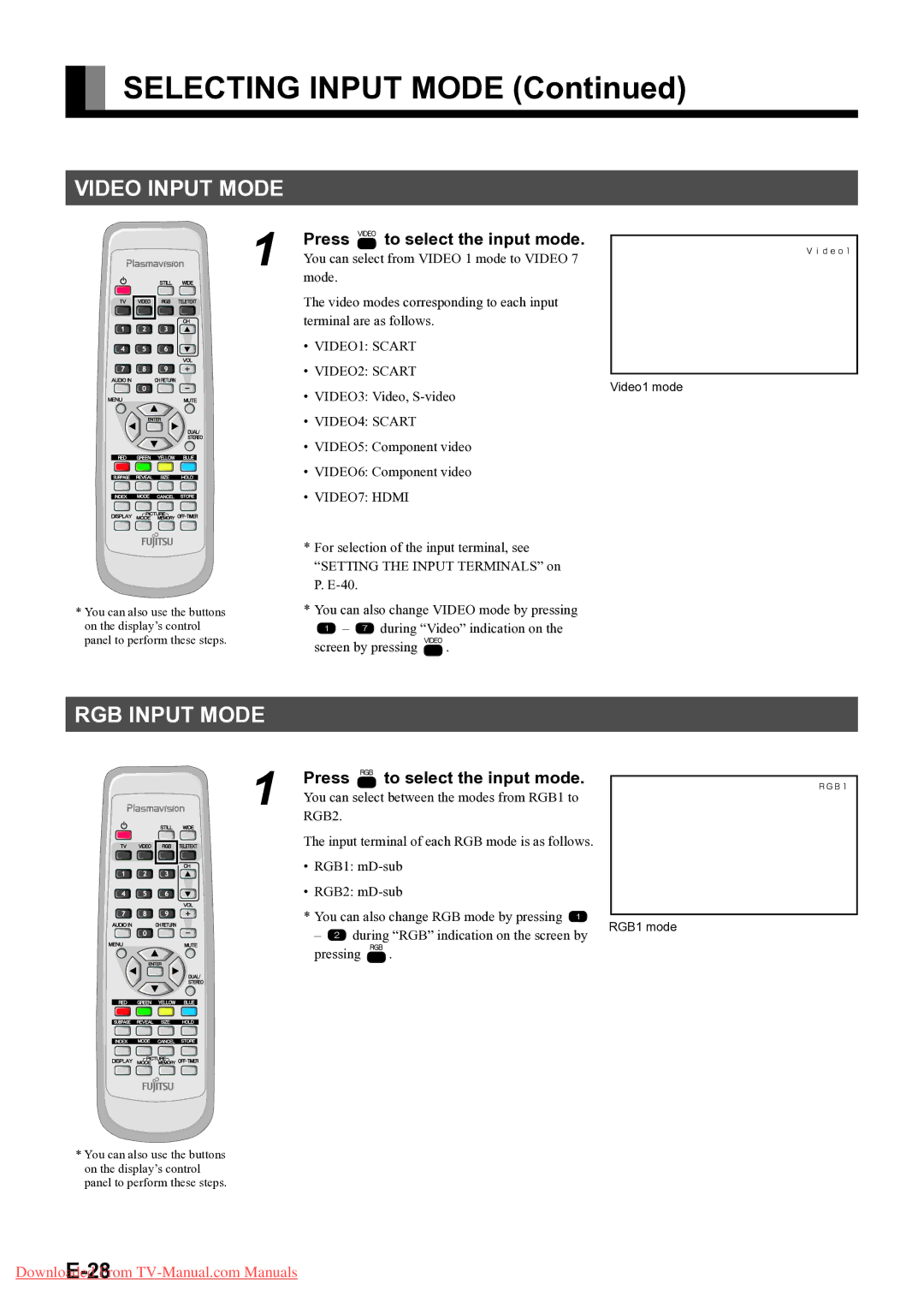 Fujitsu P55XTS51E Video Input Mode, RGB Input Mode, Press to select the input mode, Press to select the input mode 