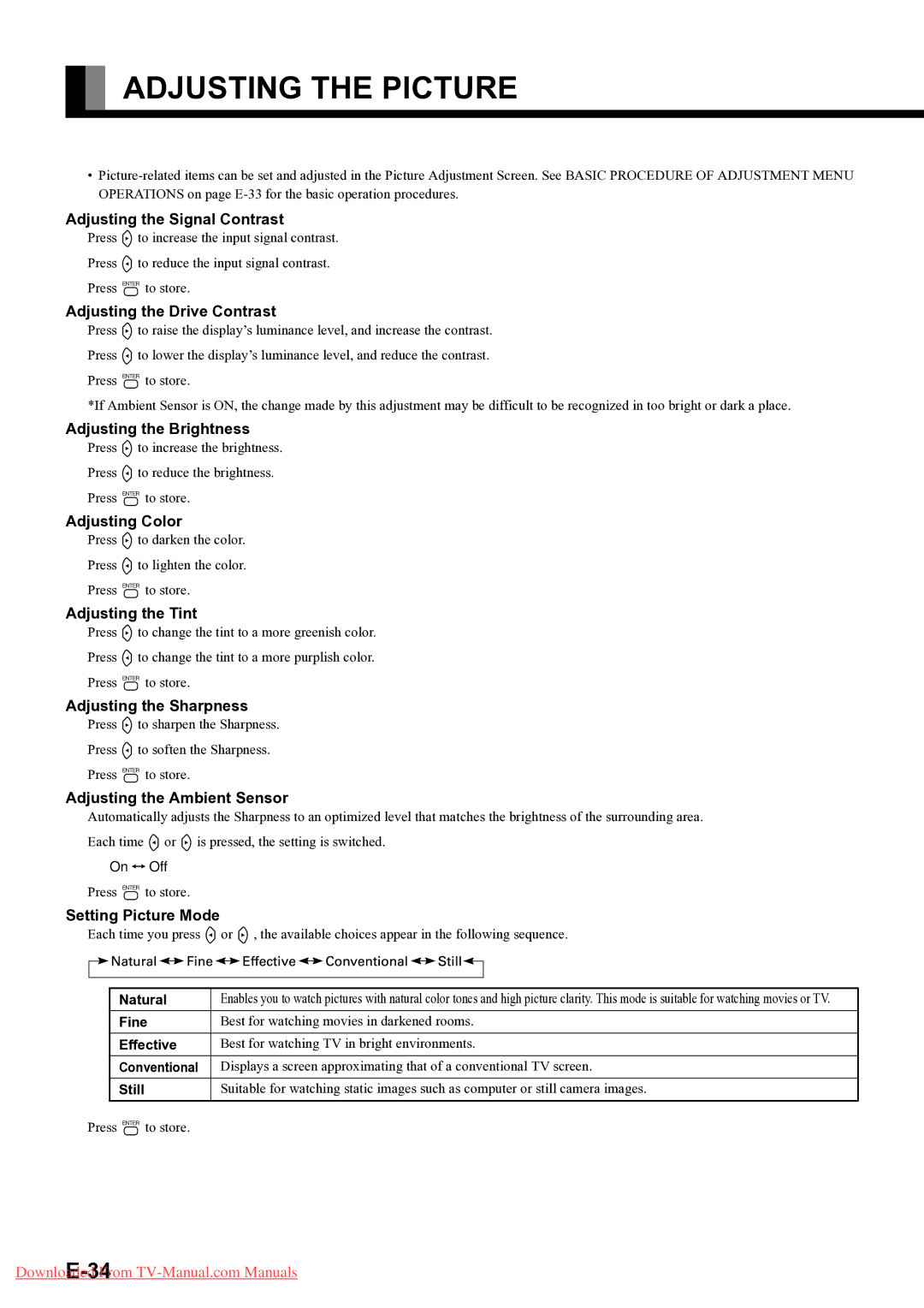 Fujitsu P55XTS51E, P-TU5051E, P42HTS51E, P-TU4251E, P-TU5551E, P50XTS51E user manual Adjusting the Picture 