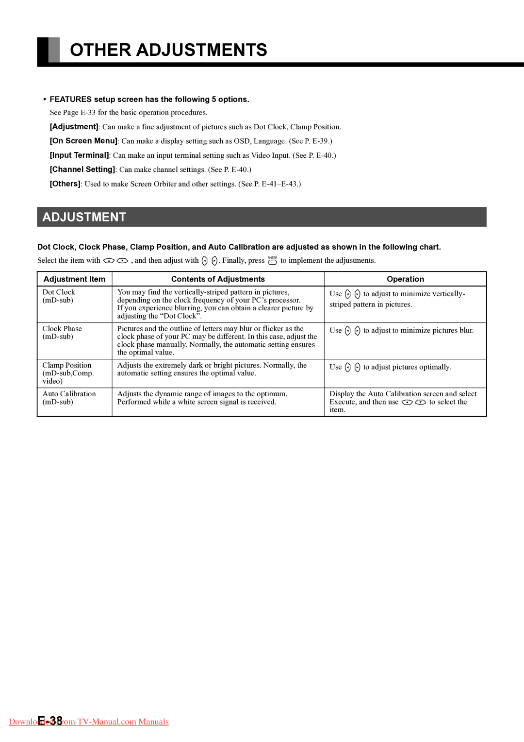 Fujitsu P-TU4251E, P-TU5051E, P42HTS51E, P-TU5551E Other Adjustments, Features setup screen has the following 5 options 