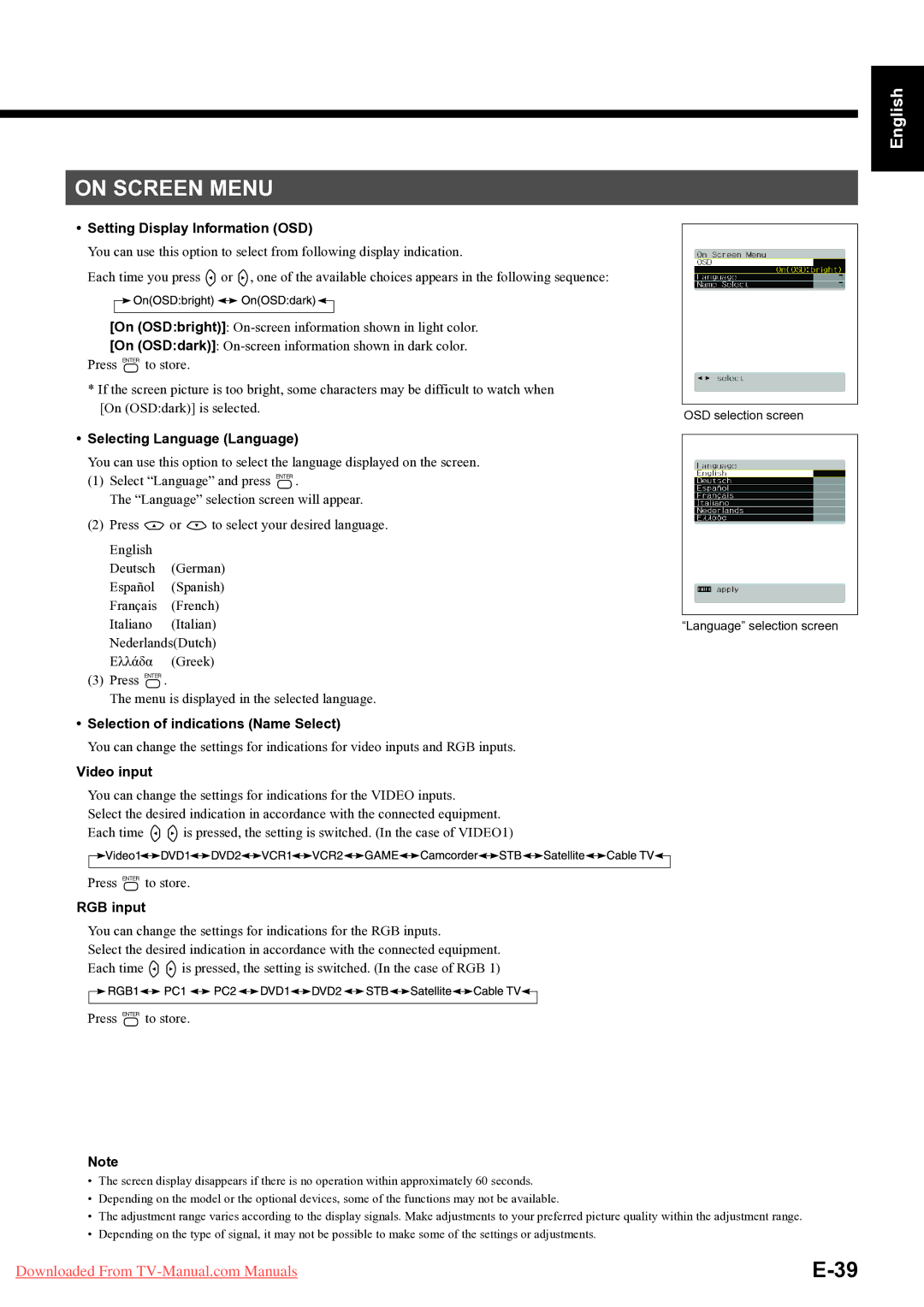 Fujitsu P-TU5551E, P-TU5051E, P42HTS51E, P-TU4251E, P55XTS51E, P50XTS51E user manual On Screen Menu 