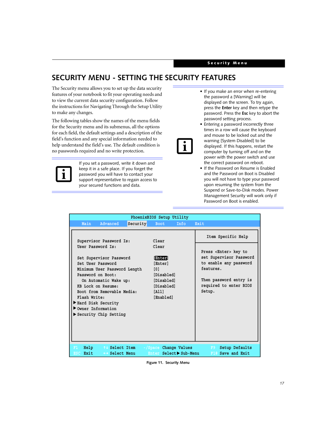 Fujitsu P1510D manual Security Menu - Setting The Security Features, Main, Advanced, Boot, Info, Exit 