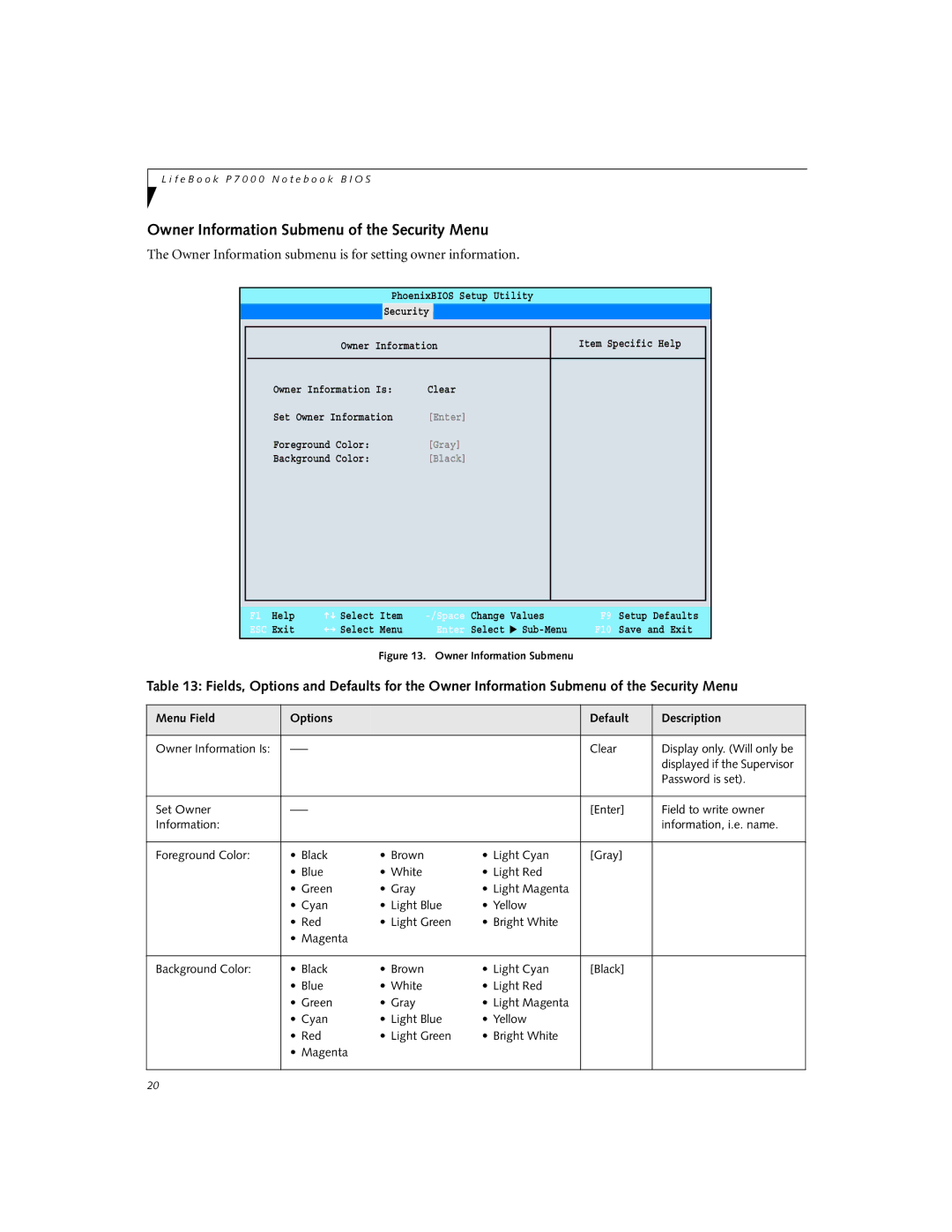 Fujitsu P1510D Owner Information Submenu of the Security Menu, Owner Information submenu is for setting owner information 