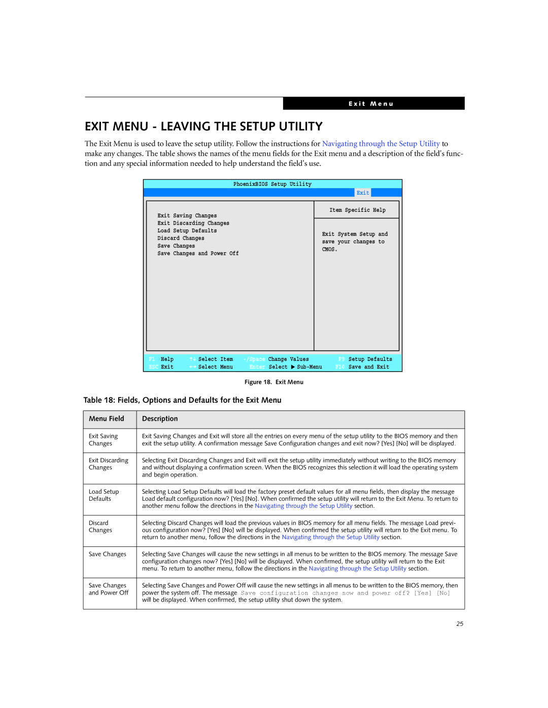 Fujitsu P1510D manual Exit Menu Leaving the Setup Utility, Fields, Options and Defaults for the Exit Menu 