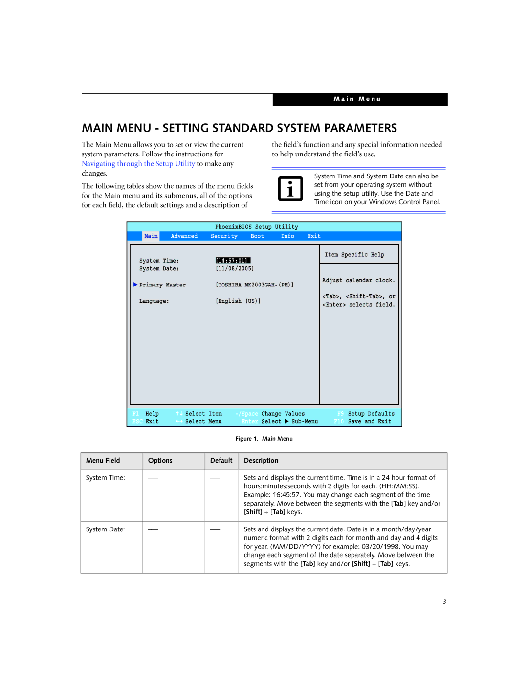 Fujitsu P1510D manual Main Menu Setting Standard System Parameters, Menu Field Options Default Description 