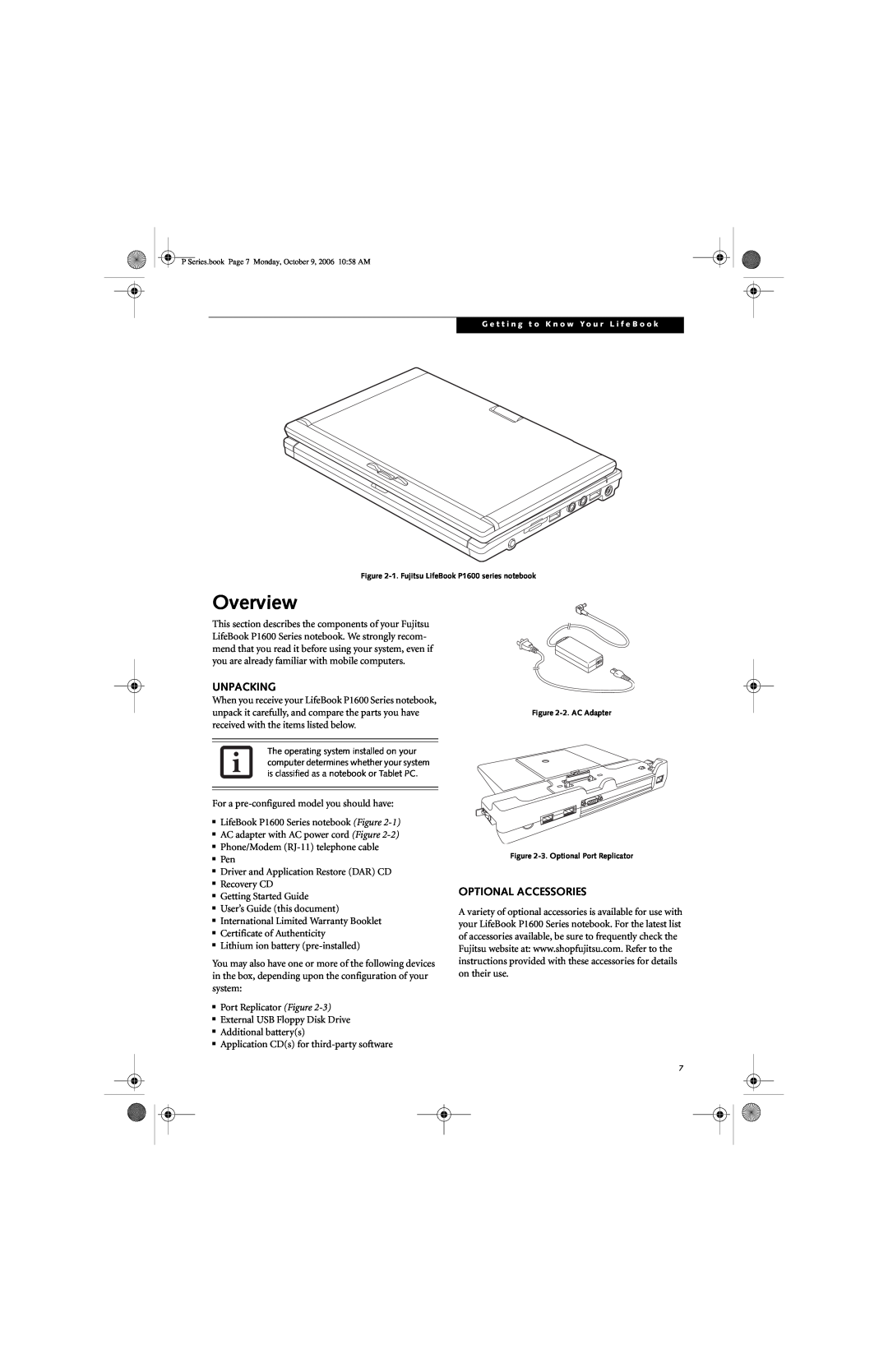 Fujitsu P1610 manual Overview, Unpacking, Optional Accessories 