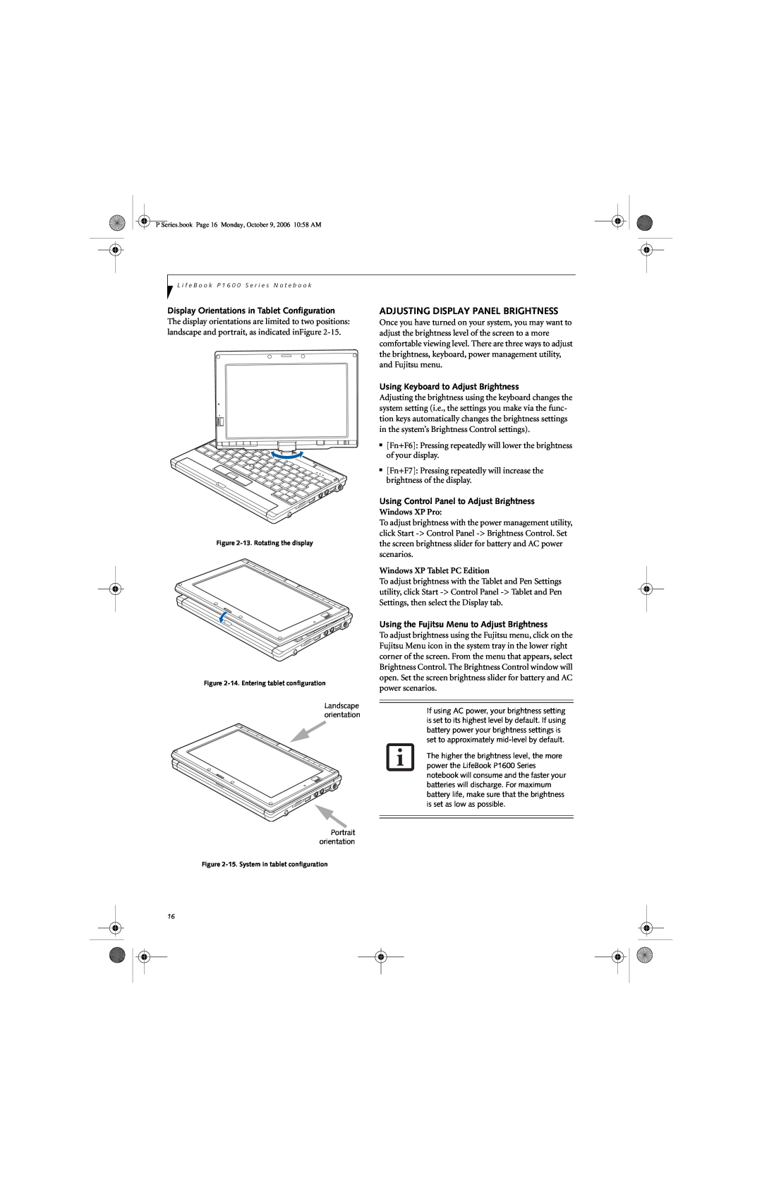 Fujitsu P1610 manual Adjusting Display Panel Brightness, Display Orientations in Tablet Configuration, Windows XP Pro 
