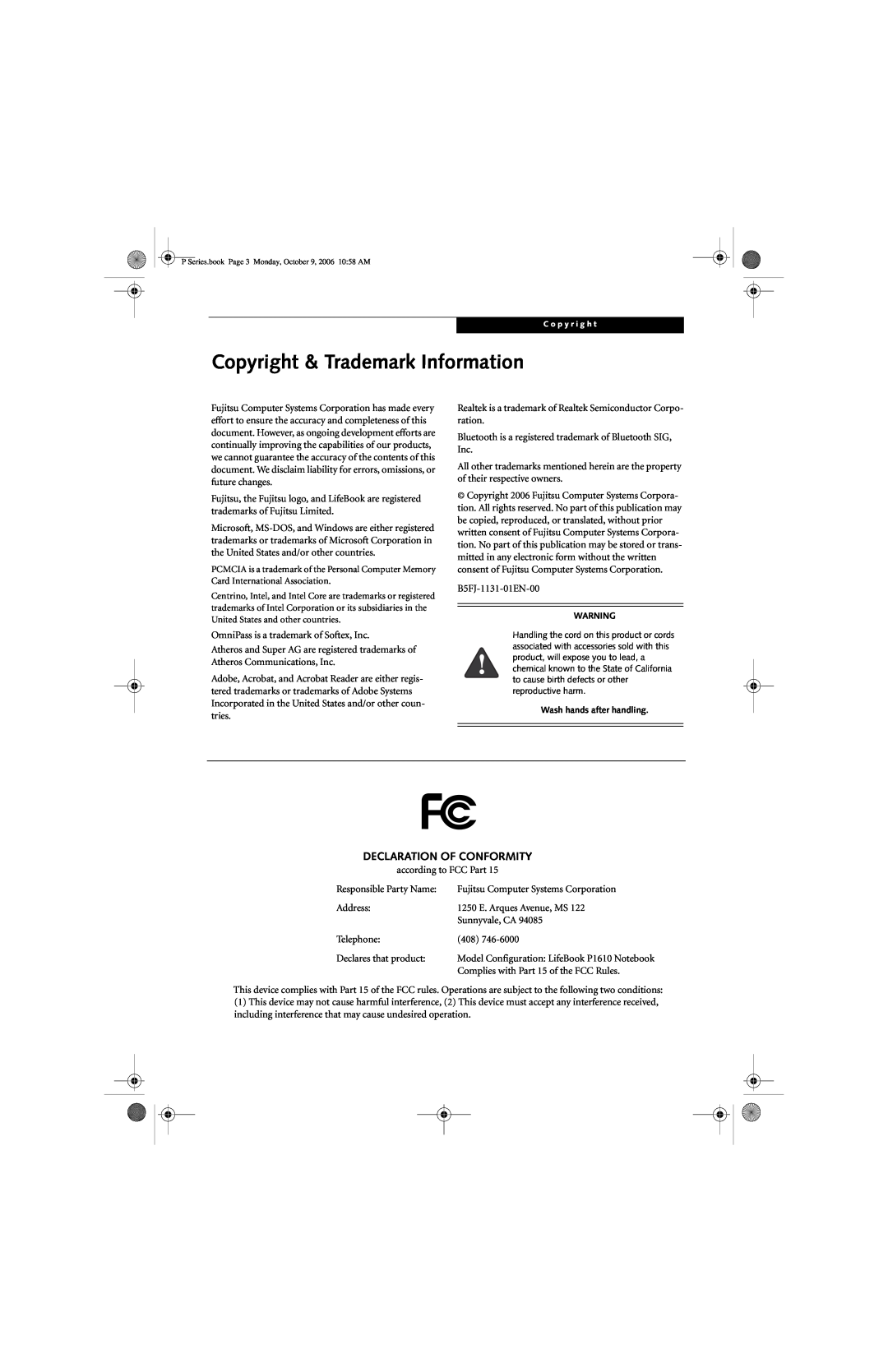 Fujitsu P1610 manual Copyright & Trademark Information, Declaration Of Conformity 