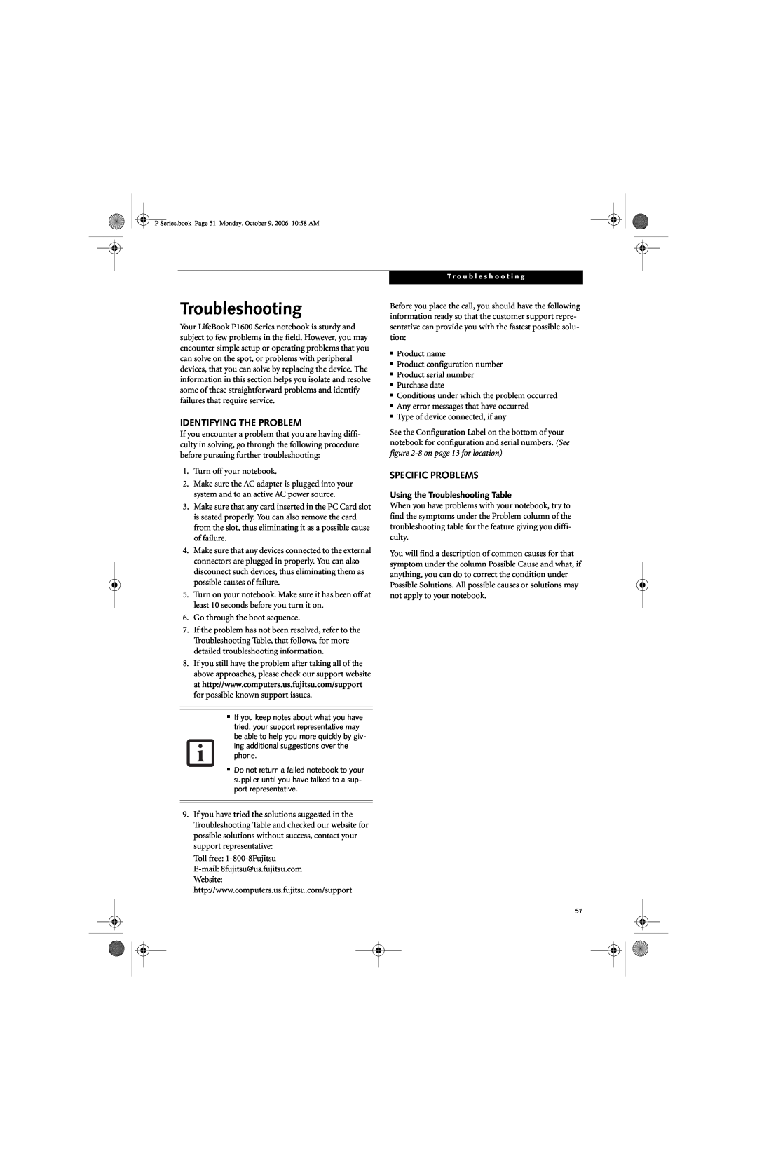 Fujitsu P1610 manual Identifying The Problem, Specific Problems, Using the Troubleshooting Table 