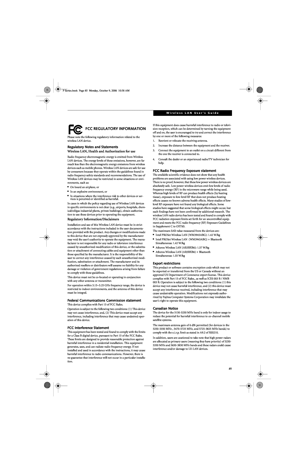Fujitsu P1610 Fcc Regulatory Information, Regulatory Notes and Statements, Wireless LAN, Health and Authorization for use 