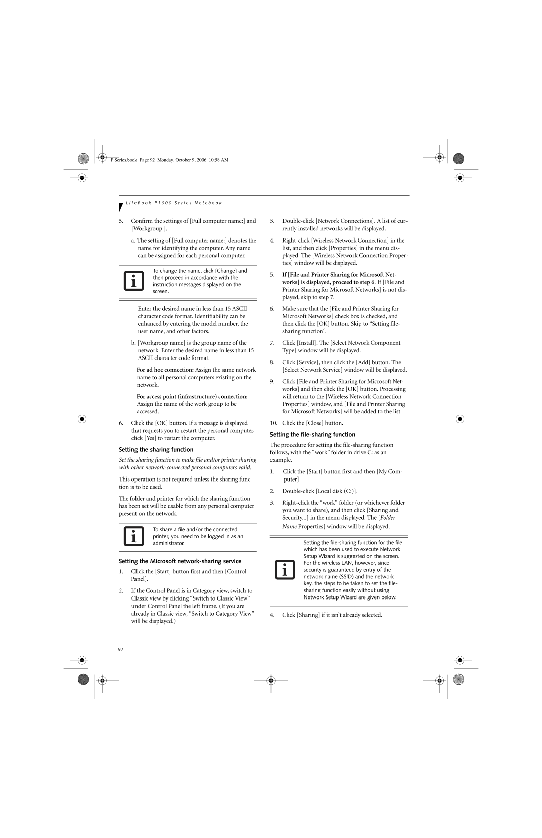 Fujitsu P1610 manual Setting the sharing function, Setting the Microsoft network-sharing service 