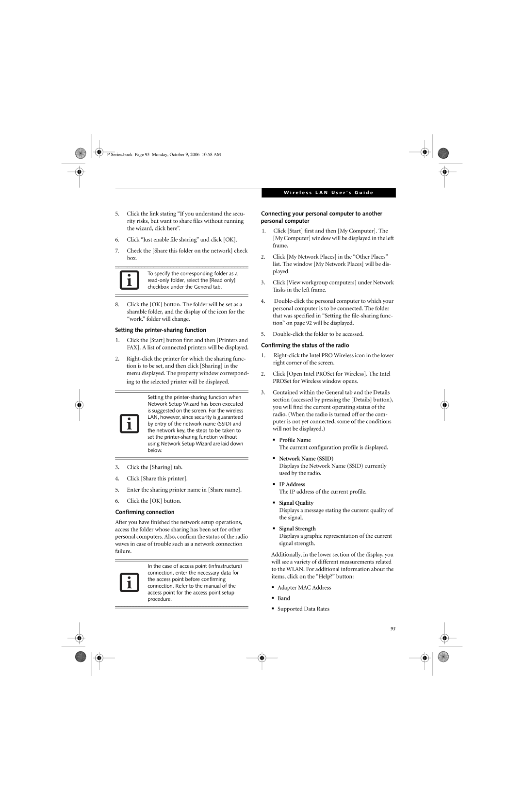 Fujitsu P1610 manual Setting the printer-sharing function, Confirming connection, Confirming the status of the radio 