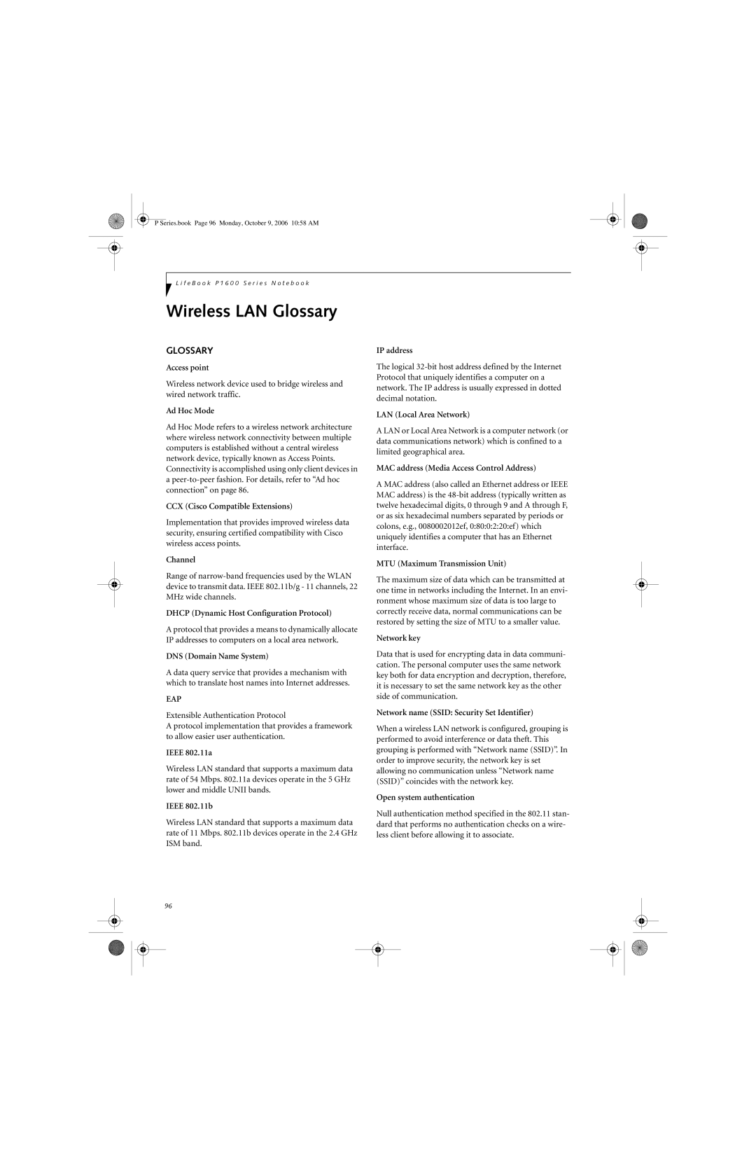 Fujitsu P1610 manual Wireless LAN Glossary 