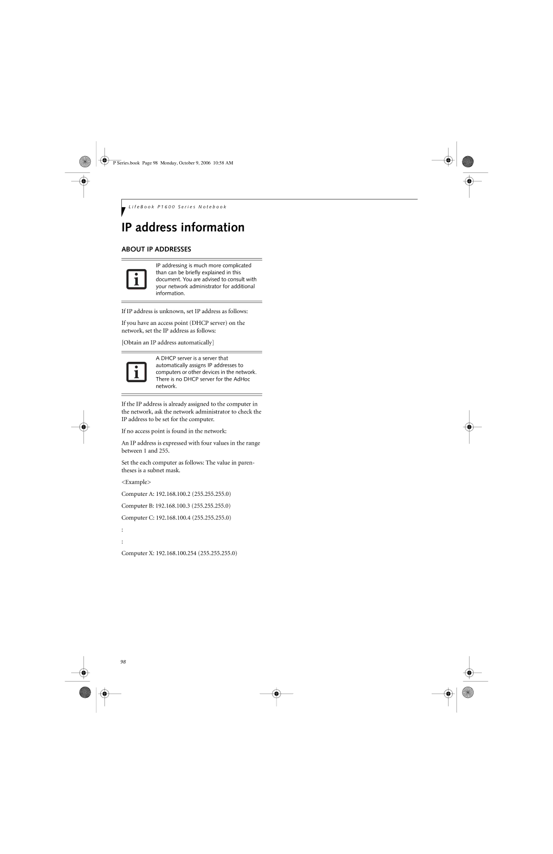 Fujitsu P1610 manual IP address information, About IP Addresses 