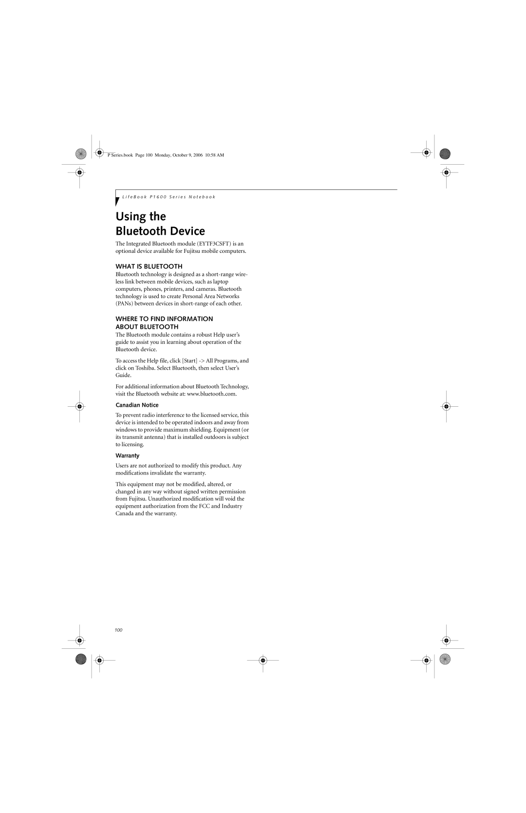 Fujitsu P1610 manual Using Bluetooth Device, What is Bluetooth, Where to Find Information About Bluetooth, Warranty 