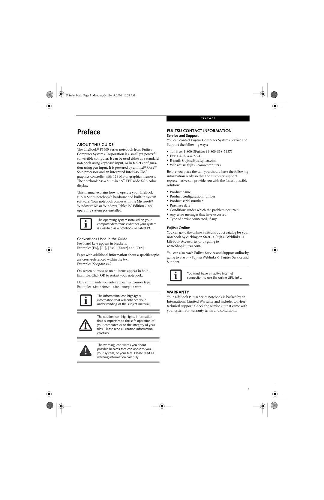 Fujitsu P1610 manual Preface, About this Guide, Fujitsu Contact Information, Warranty 