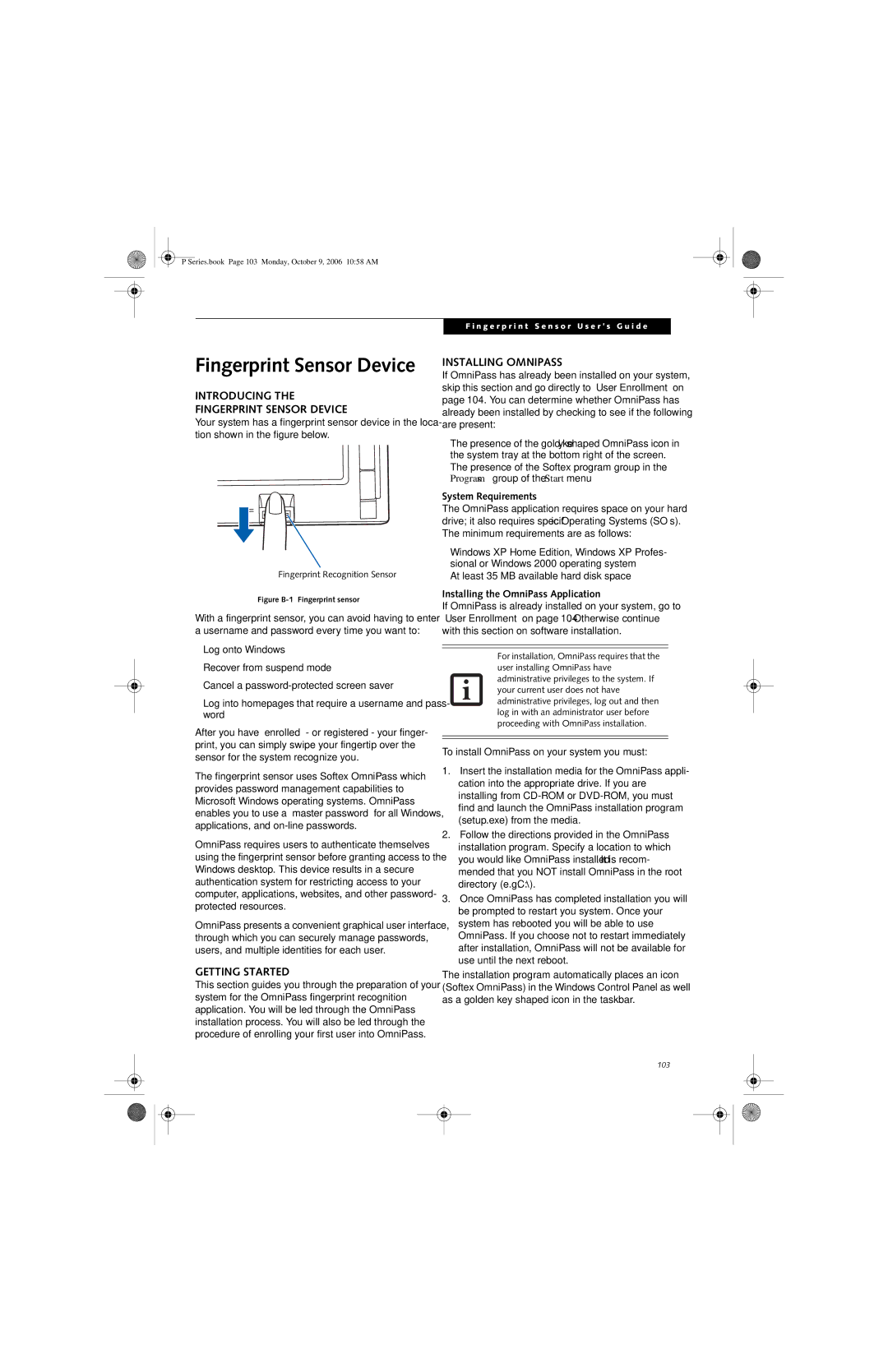 Fujitsu P1610 manual Introducing Fingerprint Sensor Device, Getting Started, Installing Omnipass, System Requirements 