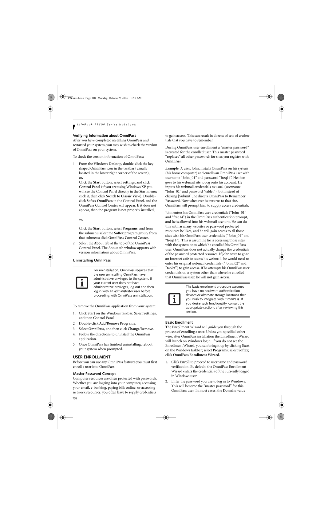 Fujitsu P1610 manual User Enrollment, Verifying Information about OmniPass, Uninstalling OmniPass, Master Password Concept 