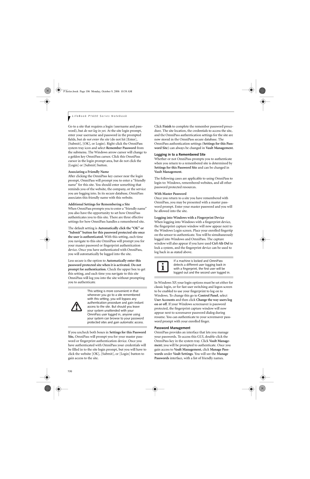 Fujitsu P1610 manual Logging in to a Remembered Site, Password Management 