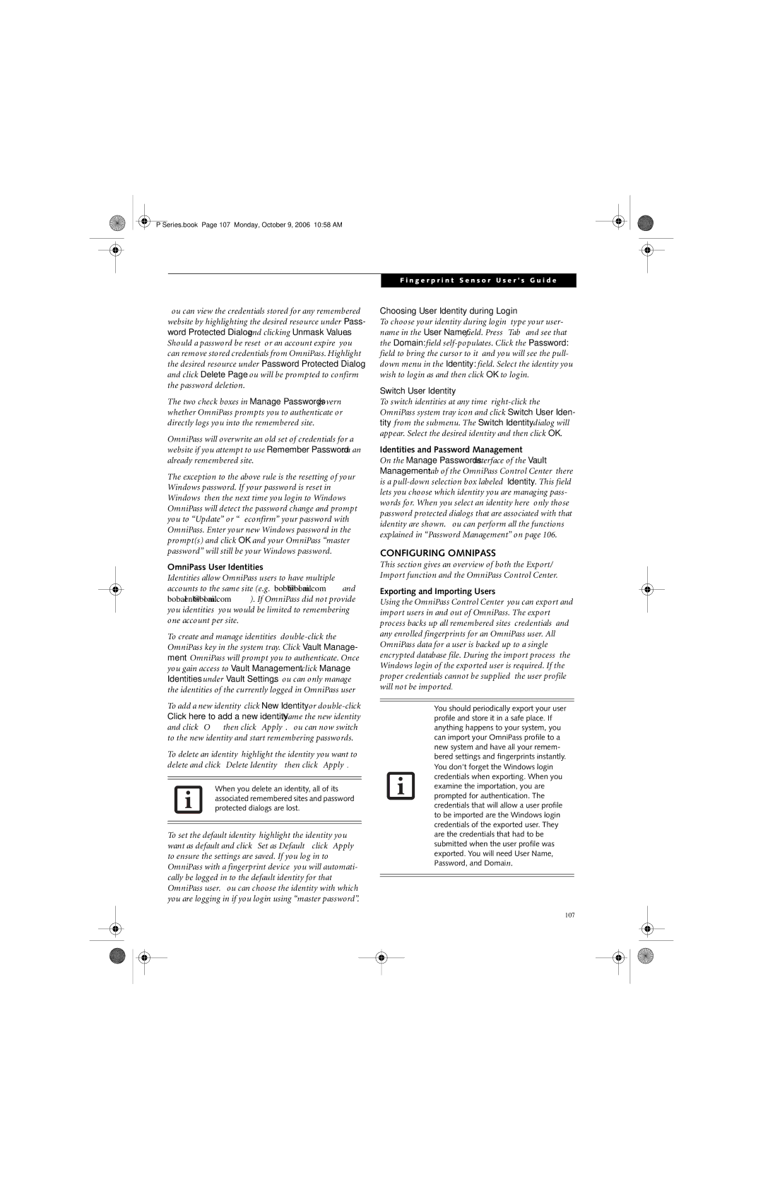 Fujitsu P1610 manual Configuring Omnipass, OmniPass User Identities, Identities and Password Management 