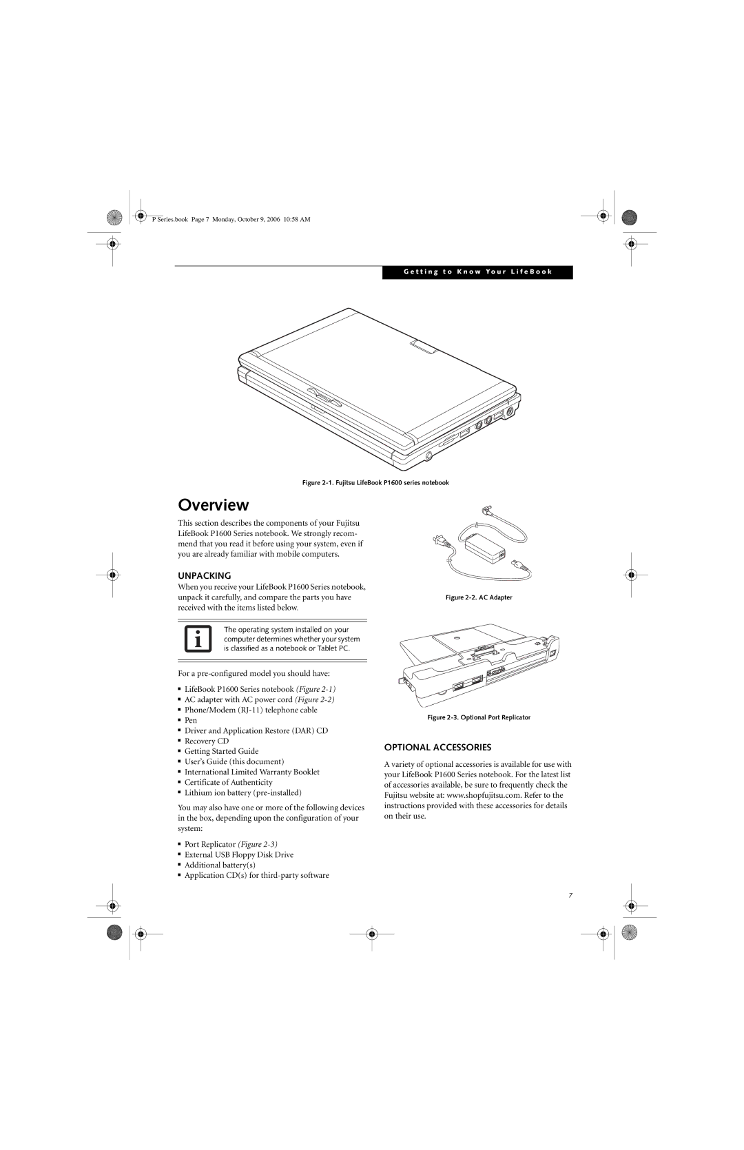 Fujitsu P1610 manual Overview, Unpacking, Optional Accessories 