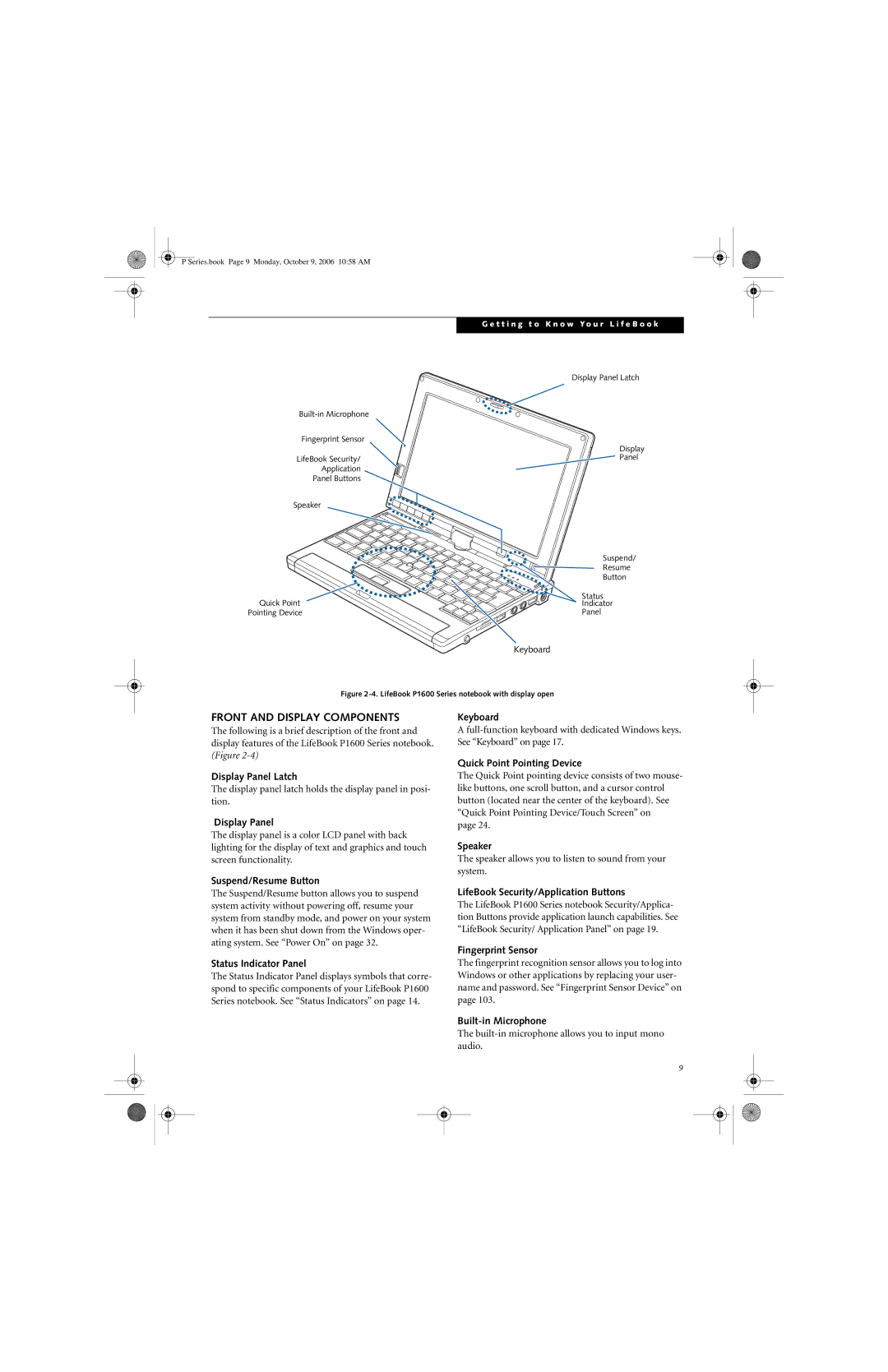 Fujitsu P1610 manual Front and Display Components 