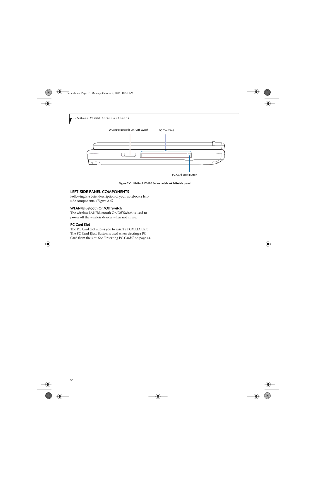 Fujitsu P1610 manual LEFT-SIDE Panel Components, WLAN/Bluetooth On/Off Switch, PC Card Slot 