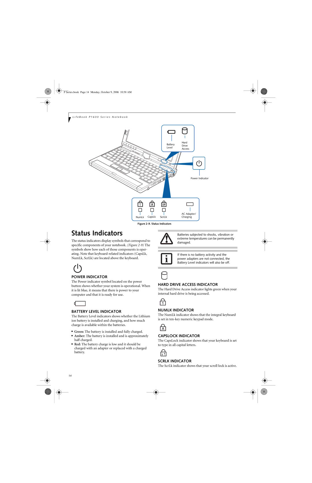 Fujitsu P1610 manual Status Indicators 