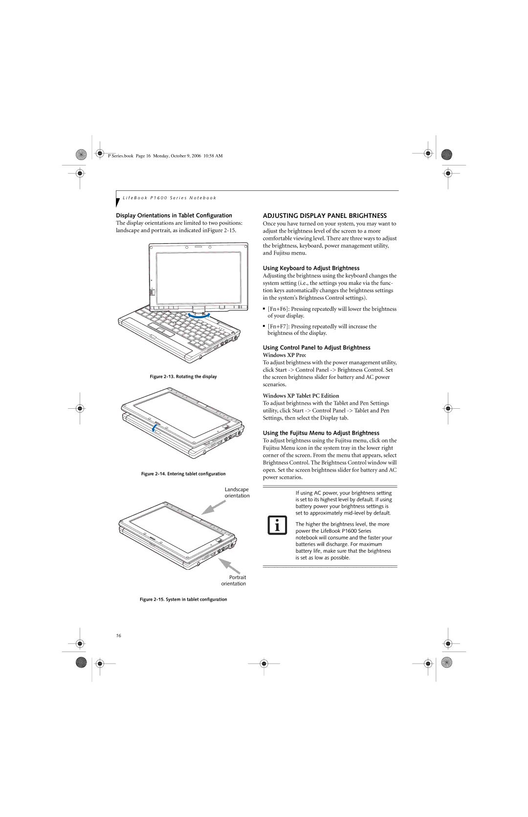 Fujitsu P1610 manual Adjusting Display Panel Brightness, Display Orientations in Tablet Configuration 