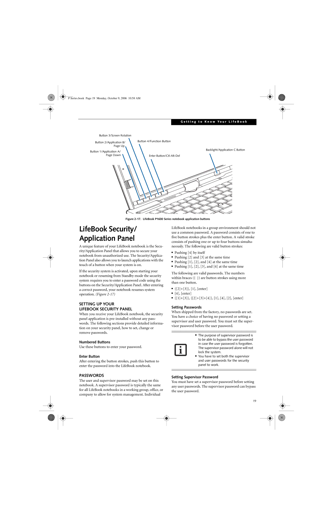 Fujitsu P1610 manual LifeBook Security Application Panel, Setting UP Your Lifebook Security Panel, Passwords 