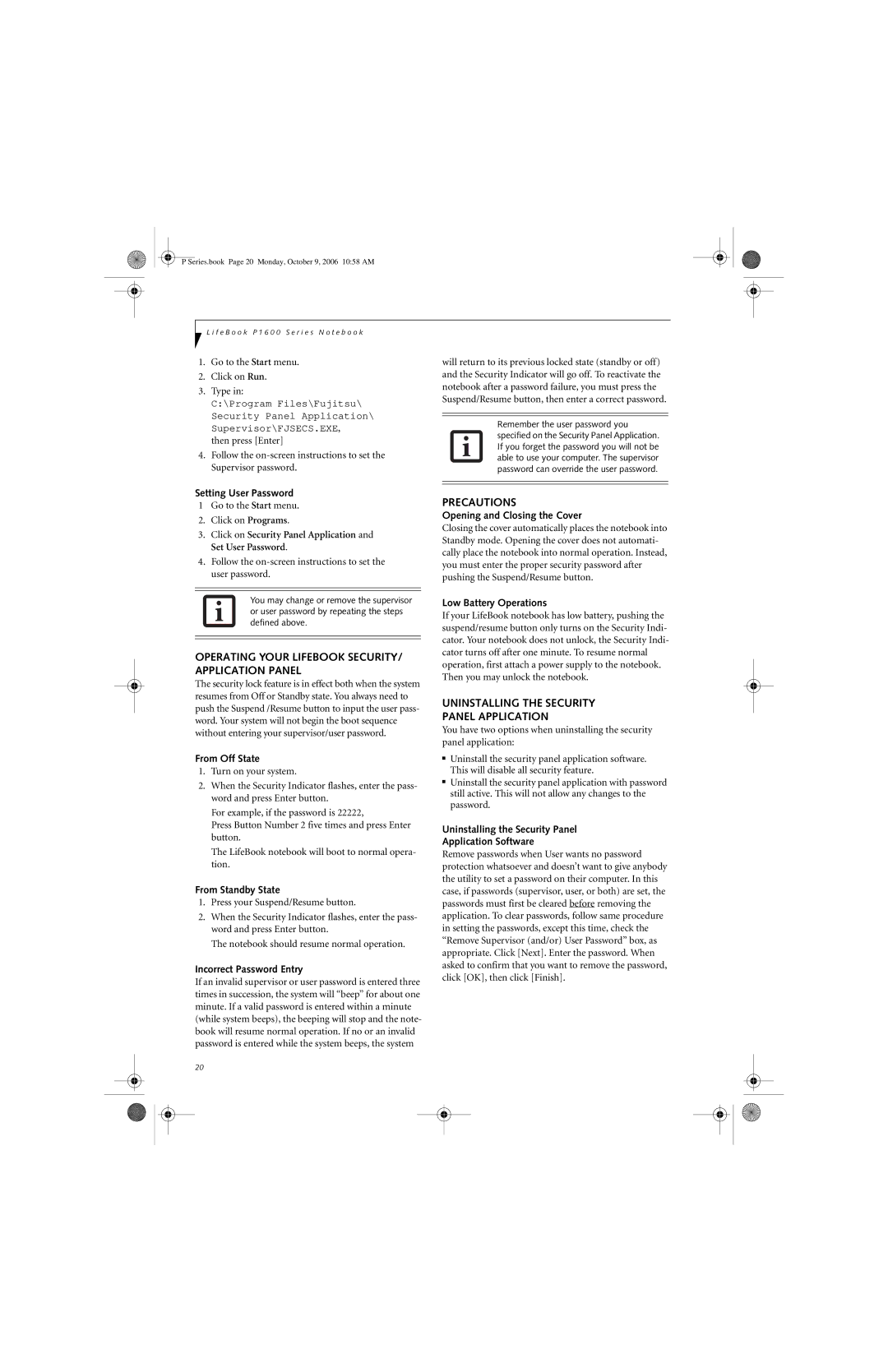 Fujitsu P1610 manual Operating Your Lifebook SECURITY/ Application Panel, Precautions 